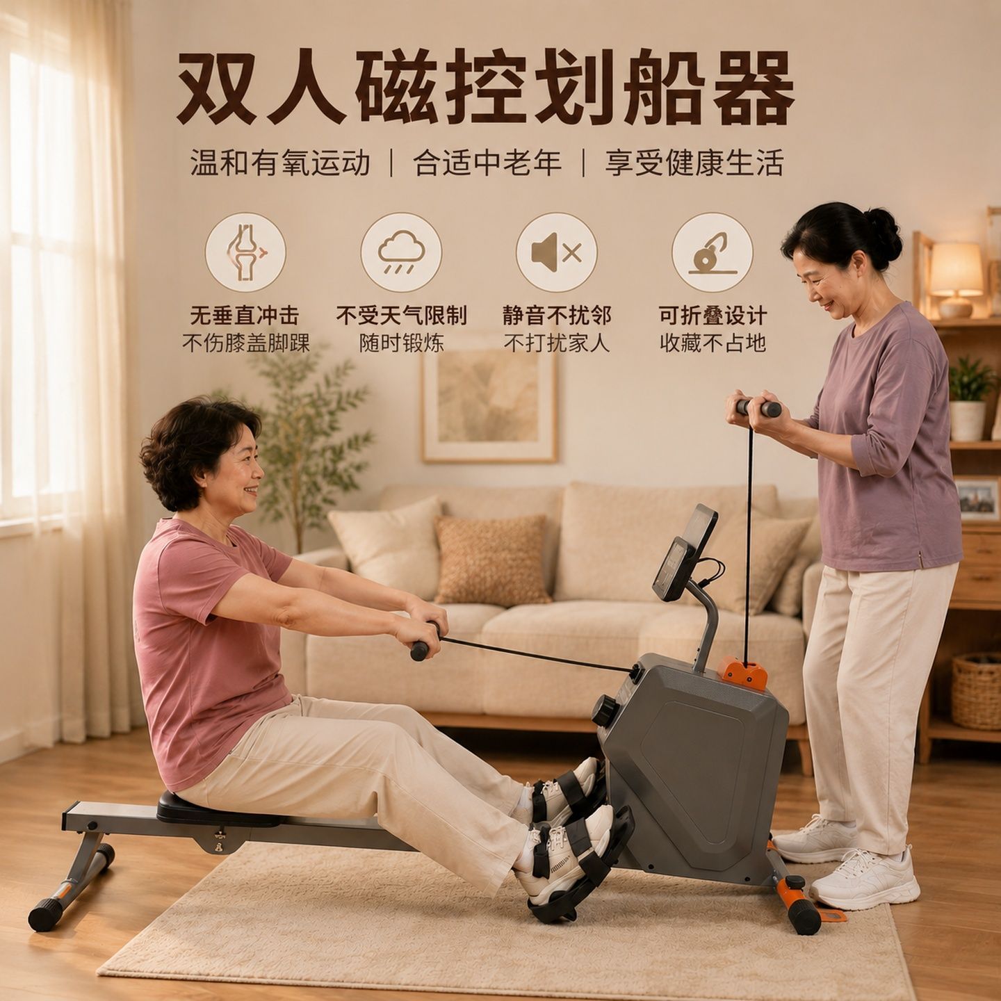 家用智能磁阻可收纳静音室内健身运动器材划船机肩臂拉伸训练