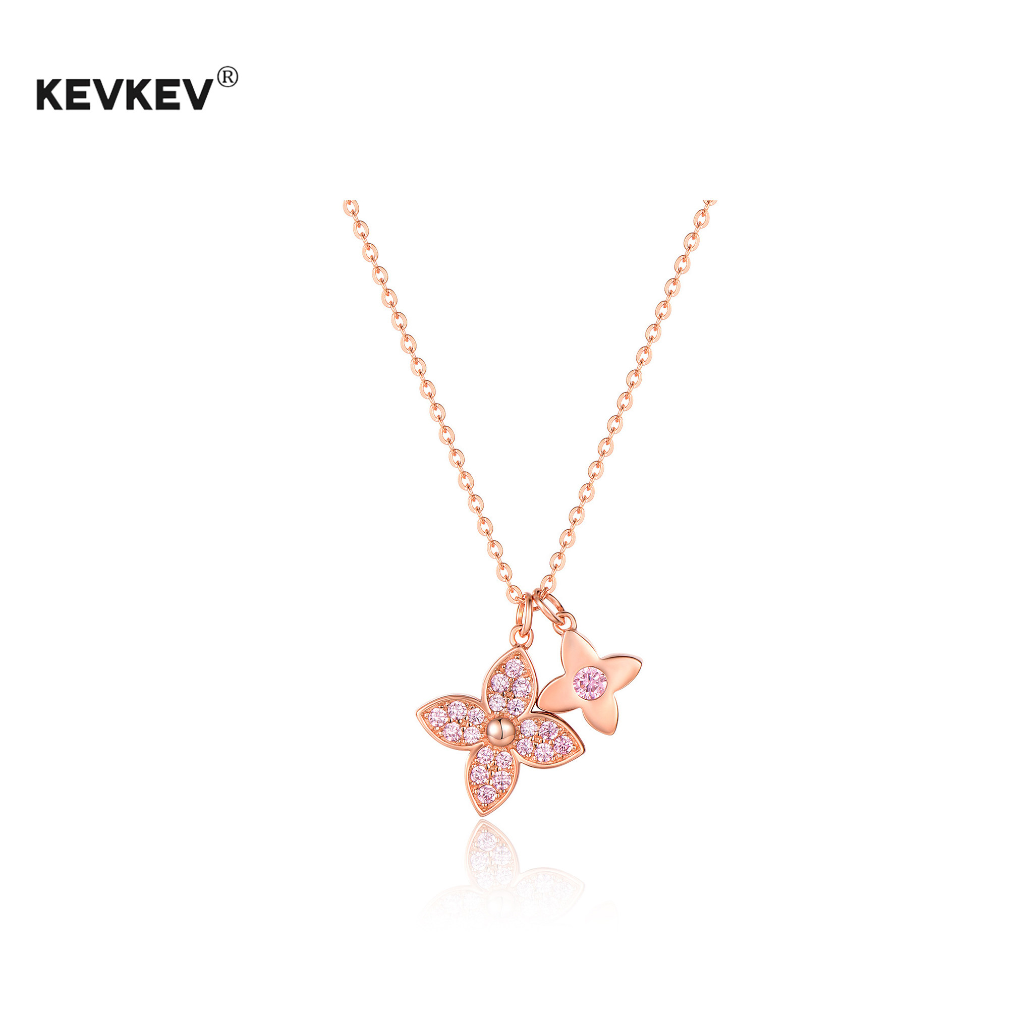 kevkev新款s925银四叶草双花法式轻奢玫瑰金项链气质夏季锁骨链女