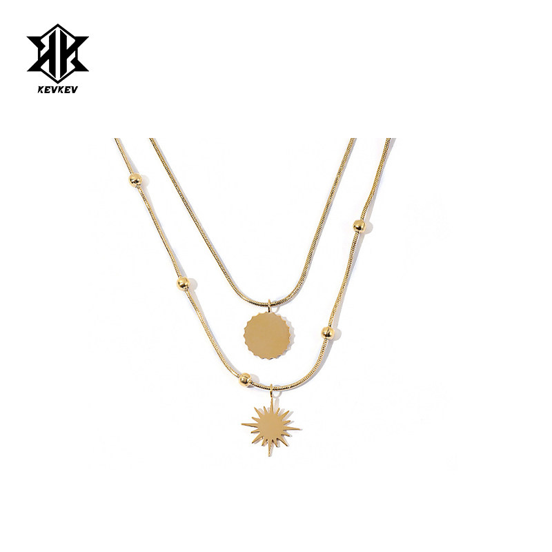 双层叠戴圆牌芒星项链女