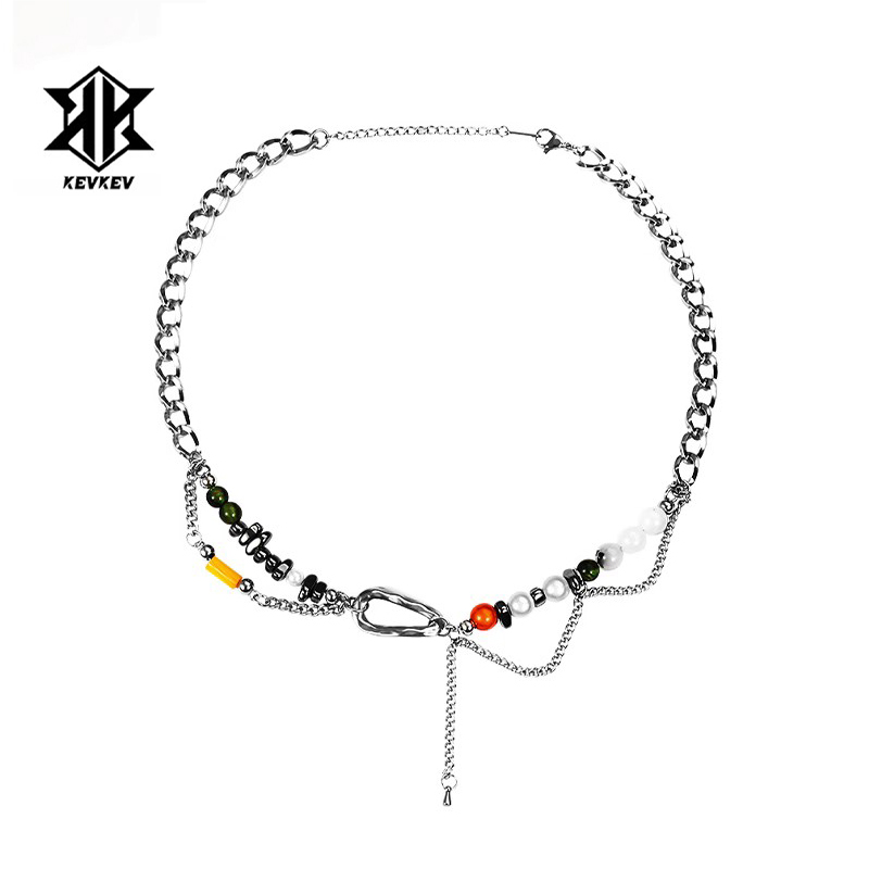 新纪元流苏钛钢拼接黑曜石项链