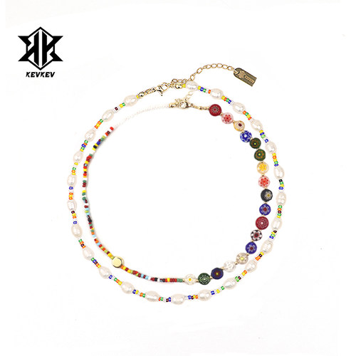 双层叠戴彩色琉璃小花串珠项链