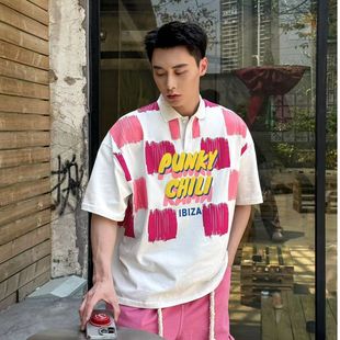 微宽松翻领POLO衫 上新印花男女同款 显瘦 街头短袖 获衣局棋盘格夏季