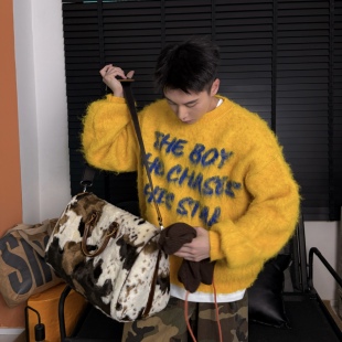 圆领套头韩系多巴胺毛衣男 重磅冬季 获衣局 长毛提花手工刷毛美式