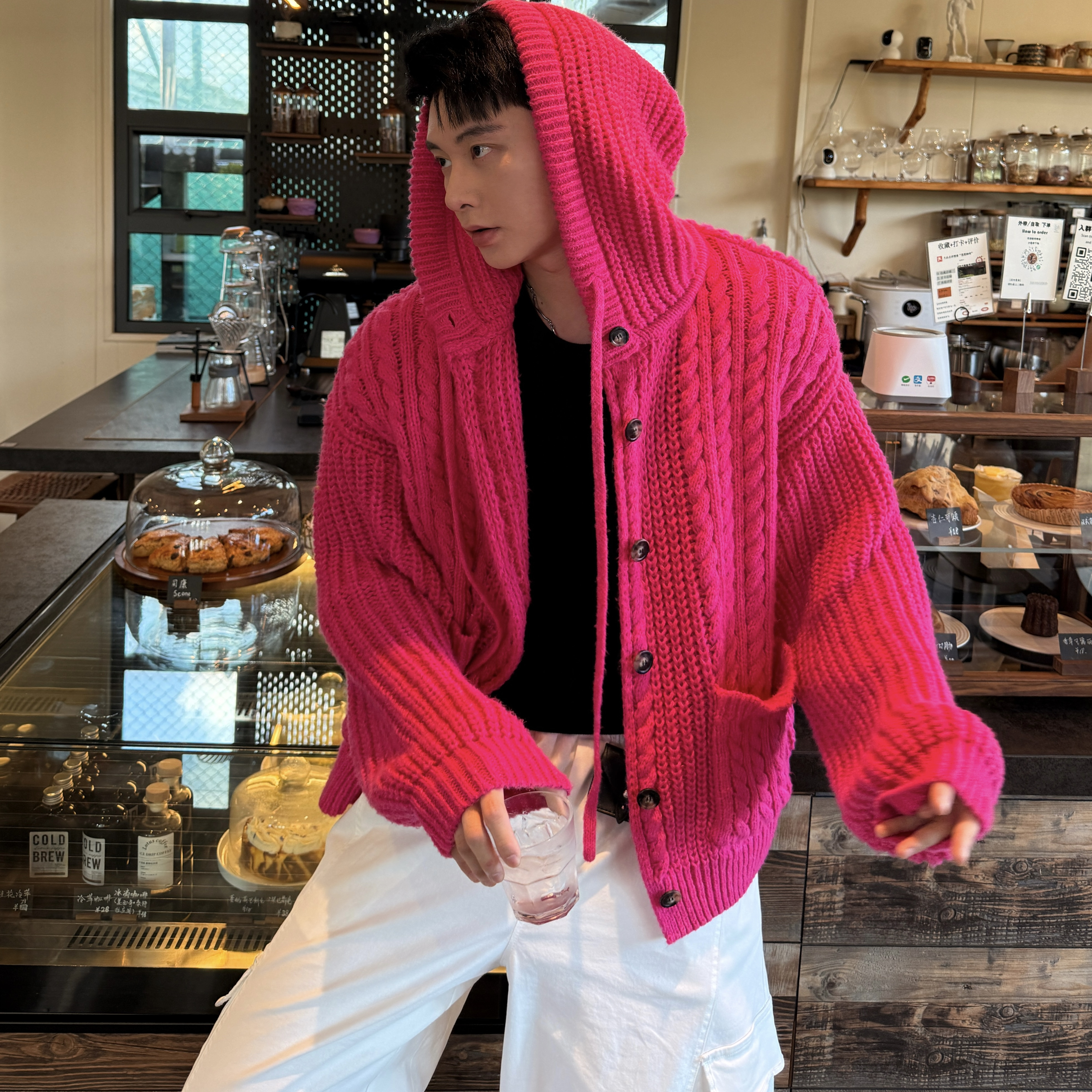 美式粗线麻花针织韩系连帽毛衣