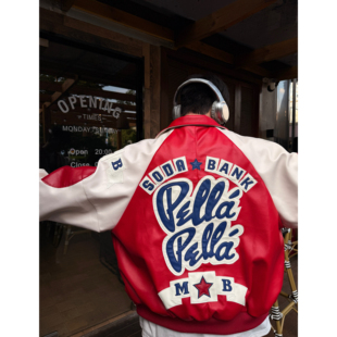 宽松 美式 获衣局 皮衣夹克外套pella小众街头重工贴皮雕撞色插肩袖