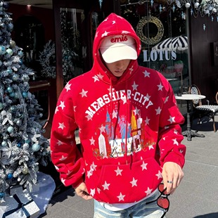 获衣局圣诞红色氛围感卫衣星星字母印花美式 街头韩系慵懒休闲连帽