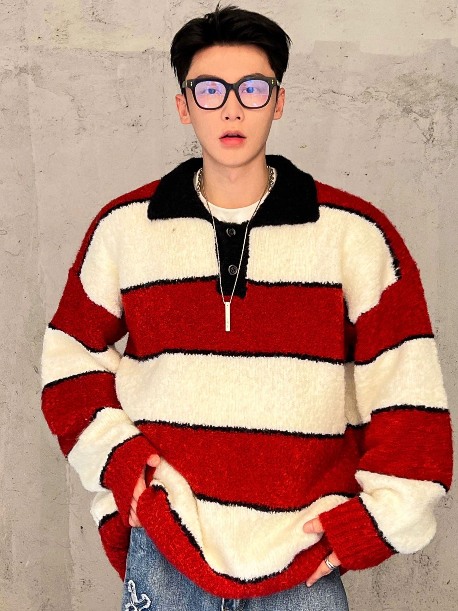 Long-Sleeved Sweater with American Retro Stripes, Contrasting Colors, Preppy Style, Casual and Stylish, Polo Collar, Unisex