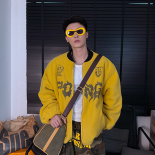 获衣局 复古印花痞帅潮牌宽松明黄色 法兰绒外套秋冬保暖棉服美式