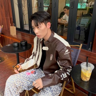 机车垫肩款 获衣局 美式 拼接短款 日常穿搭皮衣外套 复古皮衣