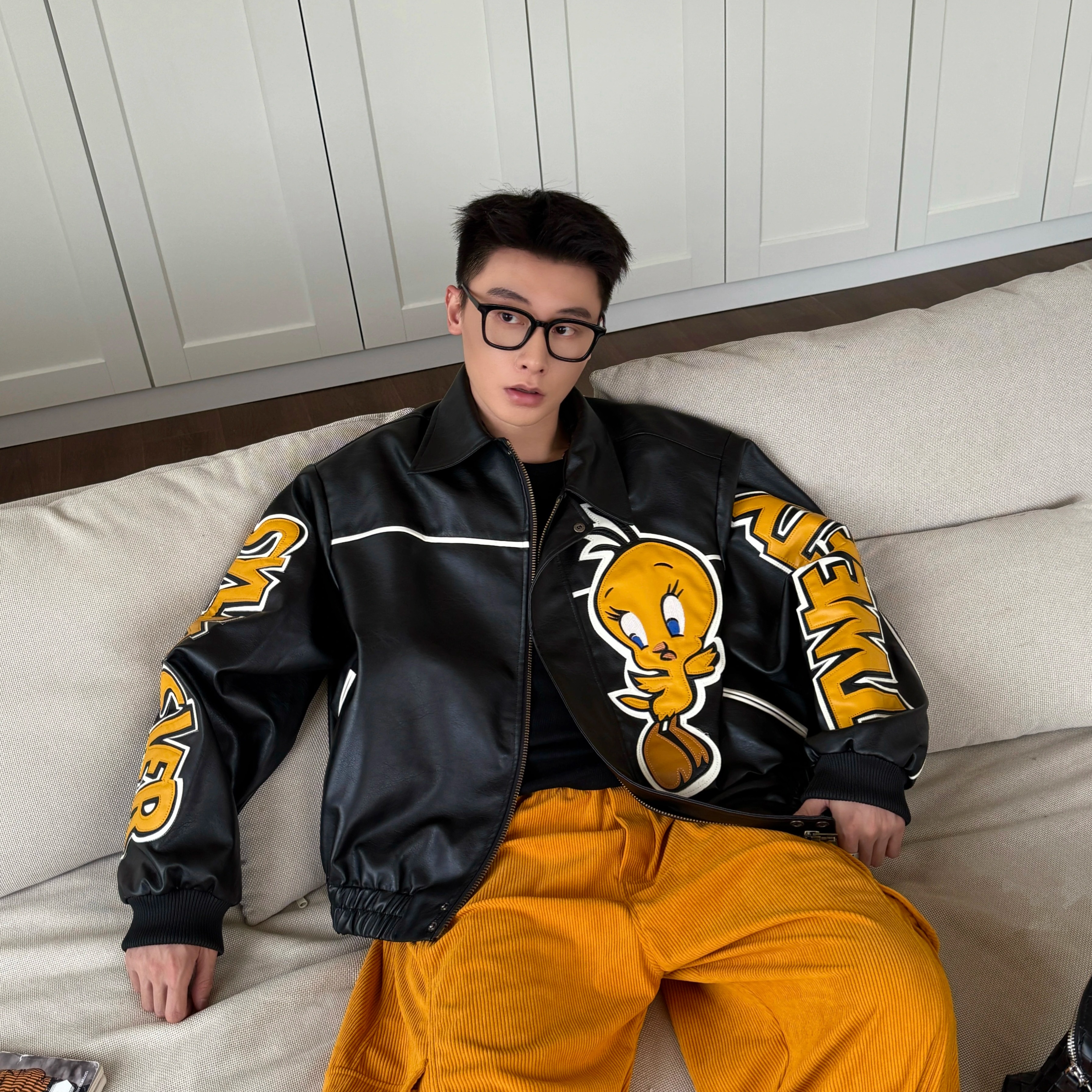 获衣局机车外套崔弟和傻猫贴布绣秋冬美式街头宽松翻领PU皮衣短款