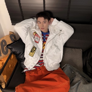 贴布毛领保暖加厚棉服 潮牌外套男女白色宽松美式 获衣局 连帽冬季