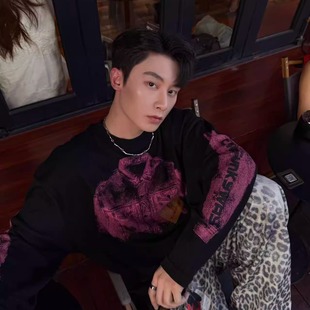 宽松慵懒感T恤秋冬季 牛仔图案印花长袖 打底舒适 华夫格美式 获衣局