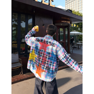 宽松休闲多巴胺星星印花翻领重磅外套潮 美式 获衣局格子衬衫 春秋季