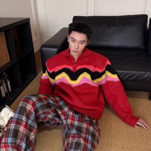 针织衫 设计感休闲宽松情侣款 彩色 美式 获衣局条纹撞色毛衣秋冬新款