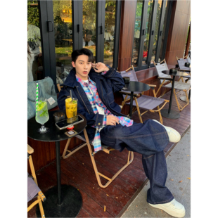 翻领大口袋工装 获衣局牛仔外套秋季 美式 夹克短款 藏蓝宽松复古 新款