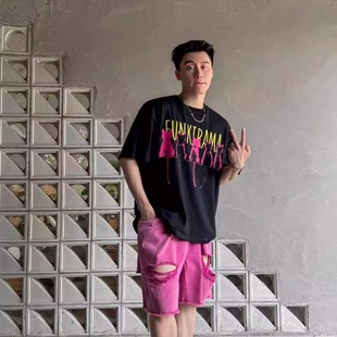 获衣局 痞帅高街复古百搭毛边破洞宽松休闲情侣阔腿粉色 牛仔短裤