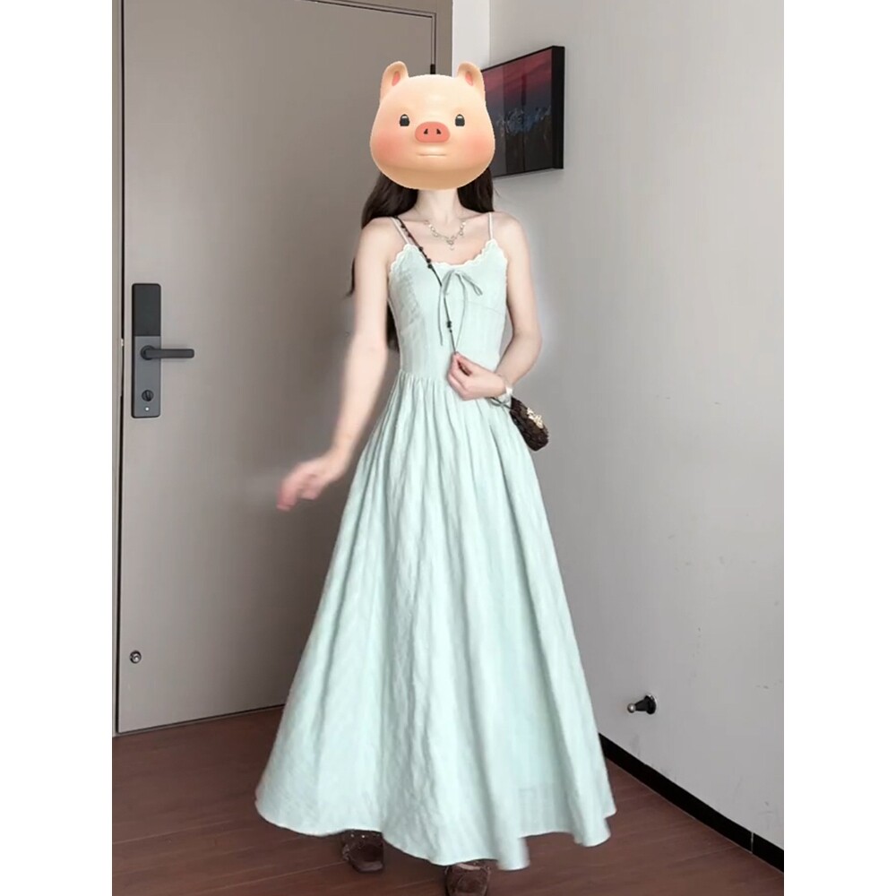 正品小清新甜美绿色吊带连衣裙女夏季小个子海边度假风显瘦漂亮沙