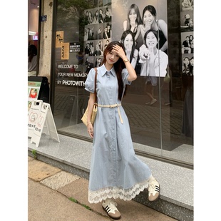 设计感蕾丝拼接收腰A 正品 蓝色条纹polo领泡泡袖 衬衫 连衣裙女夏季