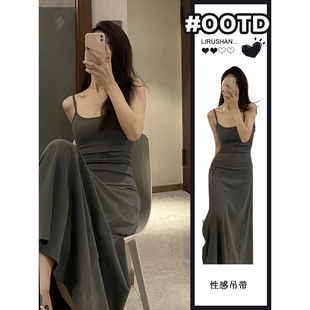 2025新款 正品 法式 風情萬種灰色吊帶連衣裙子女裝 性感海邊度假 夏季