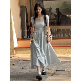 小个子高级感赫本风收腰显瘦 正品 法式 方领蓝色短袖 连衣裙子女夏季