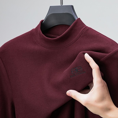 双面德绒半高领打底衫男士长袖T恤内搭红色保暖衣秋冬磨毛上衣男