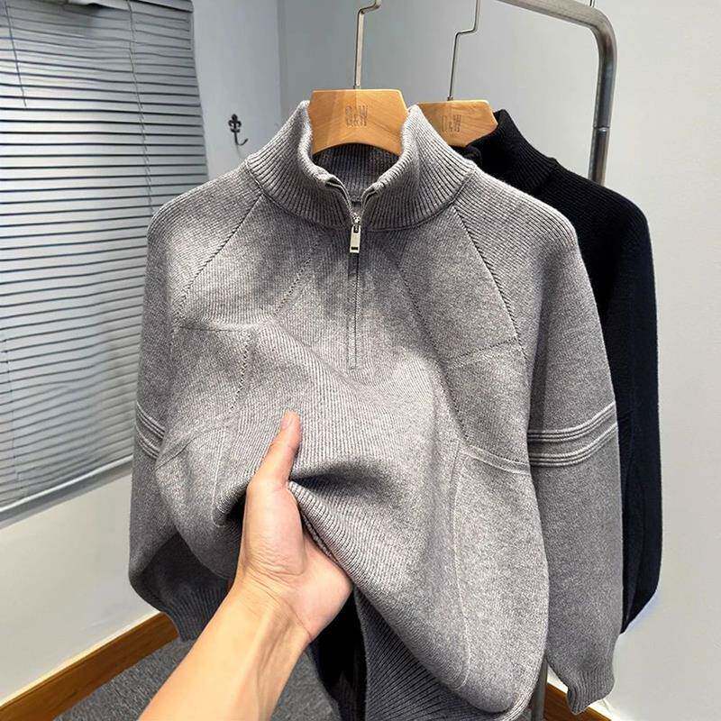 灰色拉链半高领毛衣男士春秋款潮牌新款外套美式设计感针织卫衣