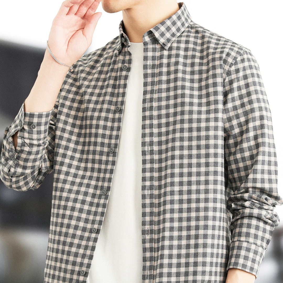 2025秋季新款磨毛纯棉长袖衬衫男士休闲加厚格子衬衣男款上衣外套