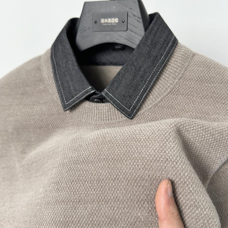 一体绒新款衬衫领毛衣男冬季内搭保暖假两件加绒加厚针织打底衫潮