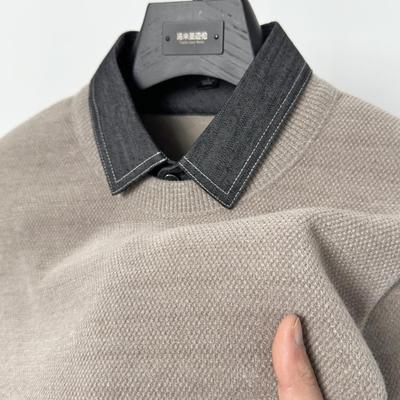 一体绒新款衬衫领毛衣男冬季内搭保暖假两件加绒加厚针织打底衫潮