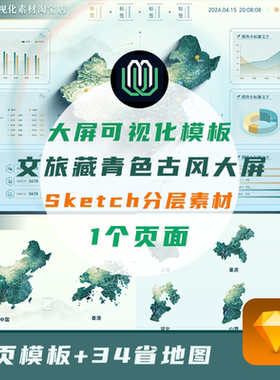 藏青色国风文旅可视化大屏水墨丹青首页+34省地图sketch分层素材