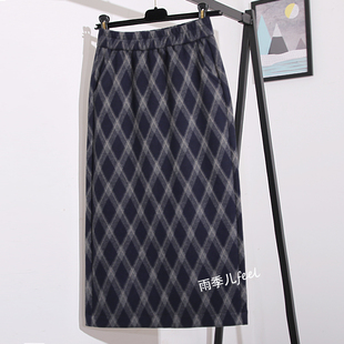 中长款 复古蓝色格子毛呢半身裙女2025秋冬高腰开叉松紧直筒包臀裙