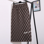 复古格纹毛呢半身裙女秋冬款 高腰a字遮胯咖色中长包臀美拉德裙子