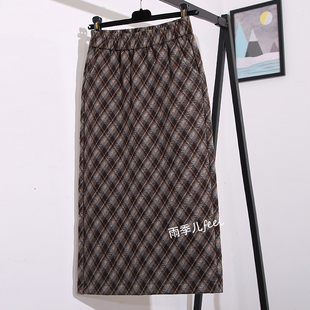 复古格纹毛呢半身裙女秋冬款 高腰a字遮胯咖色中长包臀美拉德裙子
