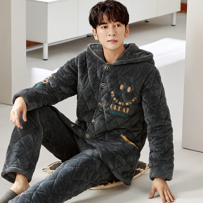 华芝燕男士珊瑚绒夹棉连帽