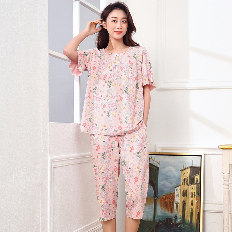 竹纤维花睡衣女夏天短袖七分裤套装凉爽柔软圆领大码吸汗居家服夏