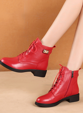 真皮女靴子2025秋冬女鞋红色平底皮靴纯皮马丁靴头层软牛皮短筒靴
