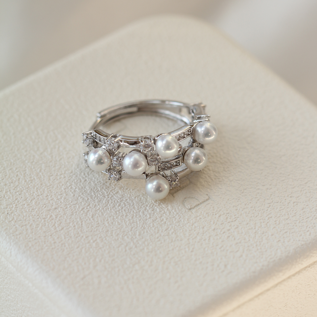 极光天然淡水baby珍珠戒指排戒 3排多珠戒指 精工S925银可调节