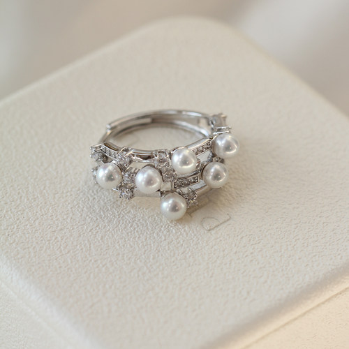 极光天然淡水baby珍珠戒指排戒 3排多珠戒指 精工S925银可调节