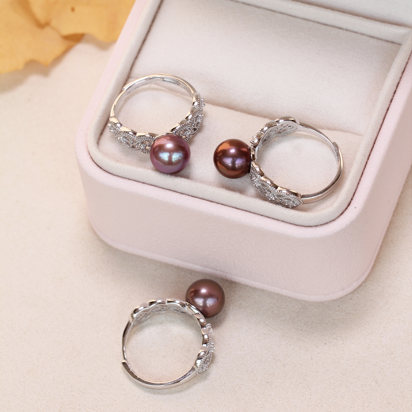 一档浓郁色！天然淡水极光紫色珍珠戒指约9mm 精工纯银蕾丝款