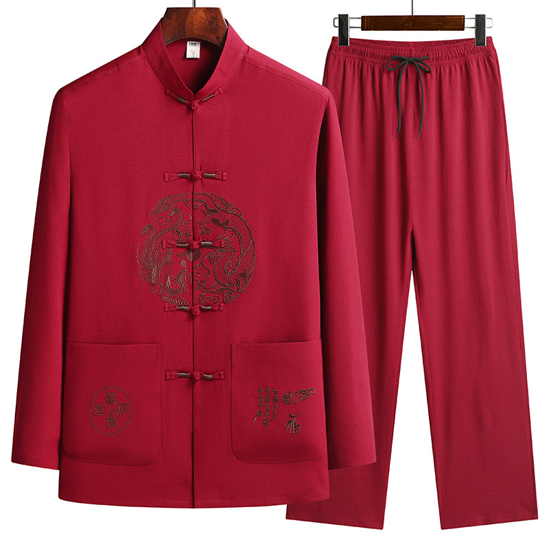 中老年唐装男士爸爸秋装长袖中国风套装爷爷老人龙凤呈祥休闲衣服,男装,唐装,淘宝优惠券,粉丝福利购,淘宝优惠卷