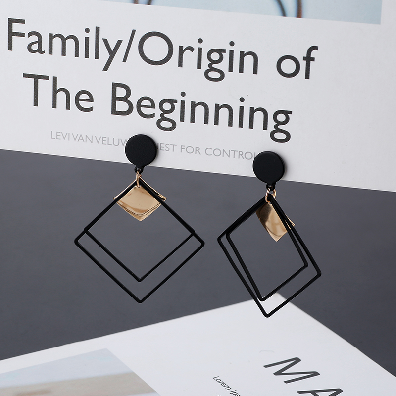 耳环百搭黑色几何菱形欧美耳环