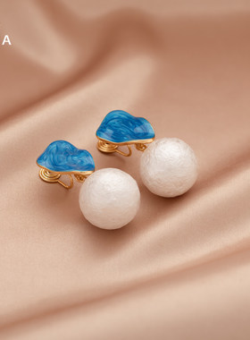 复古珍珠气质蓝色晕染几何耳针高级感气质小众设计耳饰蚊香盘耳夹