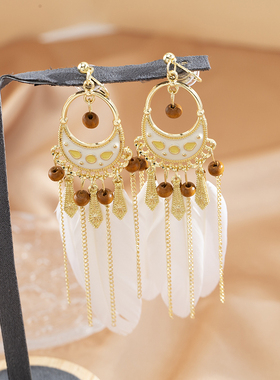 云南大理旅游风白色羽毛耳环超仙长款链条流苏蚊香盘耳夹无耳洞女