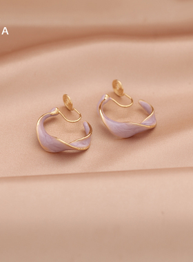 法式扭曲C形耳针温柔风紫色几何耳环女简约设计感环形蚊香盘耳夹