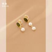 法式 复古绿色猫眼珍珠耳环女2024年新款 优雅气质蚊香盘无耳洞耳夹