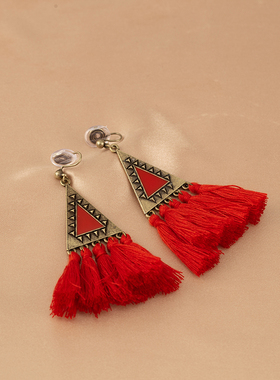复古民族风红色流苏耳环时尚波西米亚高级感耳环蚊香盘耳夹无耳洞