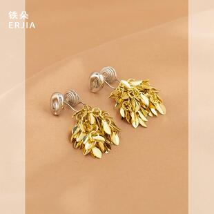 小众设计感撞色金属叶片流苏耳钉冷淡风个性时尚蚊香盘耳夹无耳洞