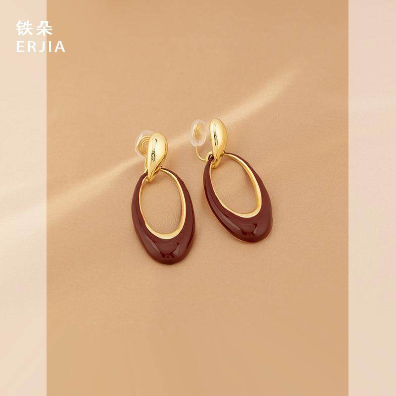 复古个性夸张酒红色镂空椭圆长款日常通勤耳钉女蚊香盘无耳洞耳夹