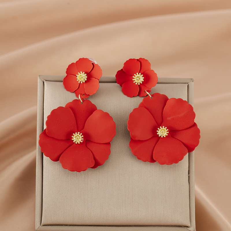 夸张时尚红色花朵长款耳环泫雅风个性时髦喜庆蚊香盘耳夹无耳洞女