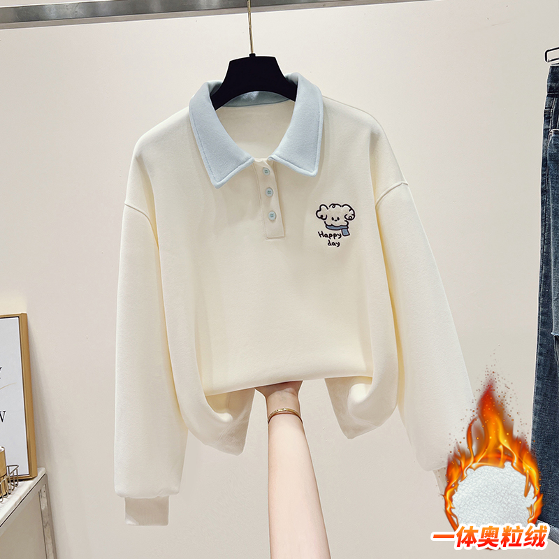 加绒加厚POLO领纯棉卫衣女